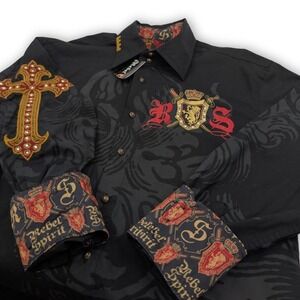 Rebel Spirit Button Down Shirt Mens Black Embroidered Cross Y2K Grunge Goth